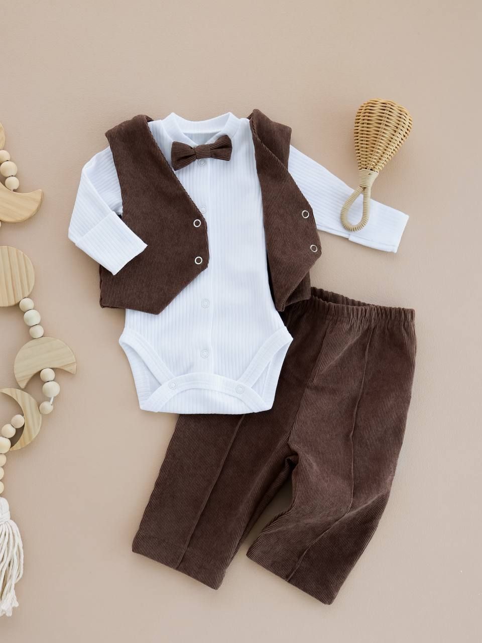 Костюм трійка, боді + жилетка та штани Коричневий